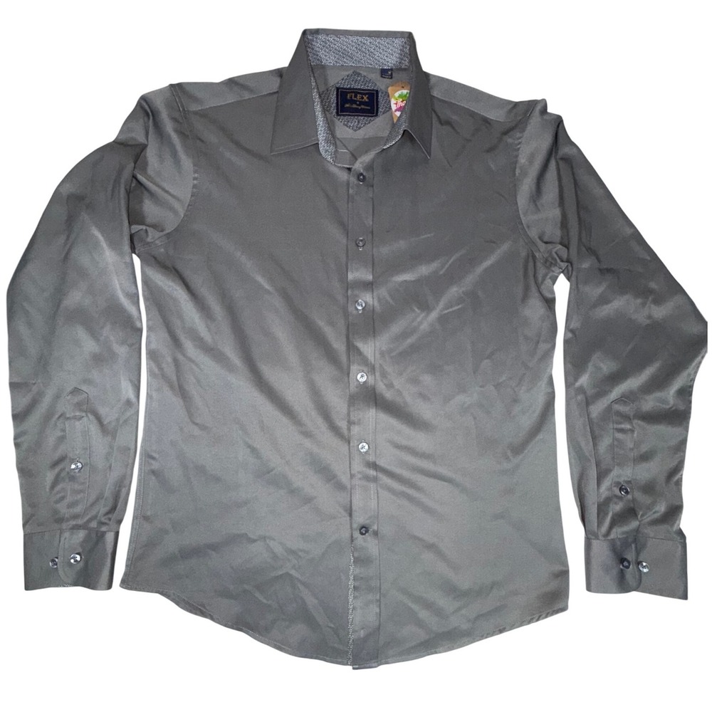 FLEX Men's Luxury Collection Button Front Dress Shirt Medium Gray Lustrous